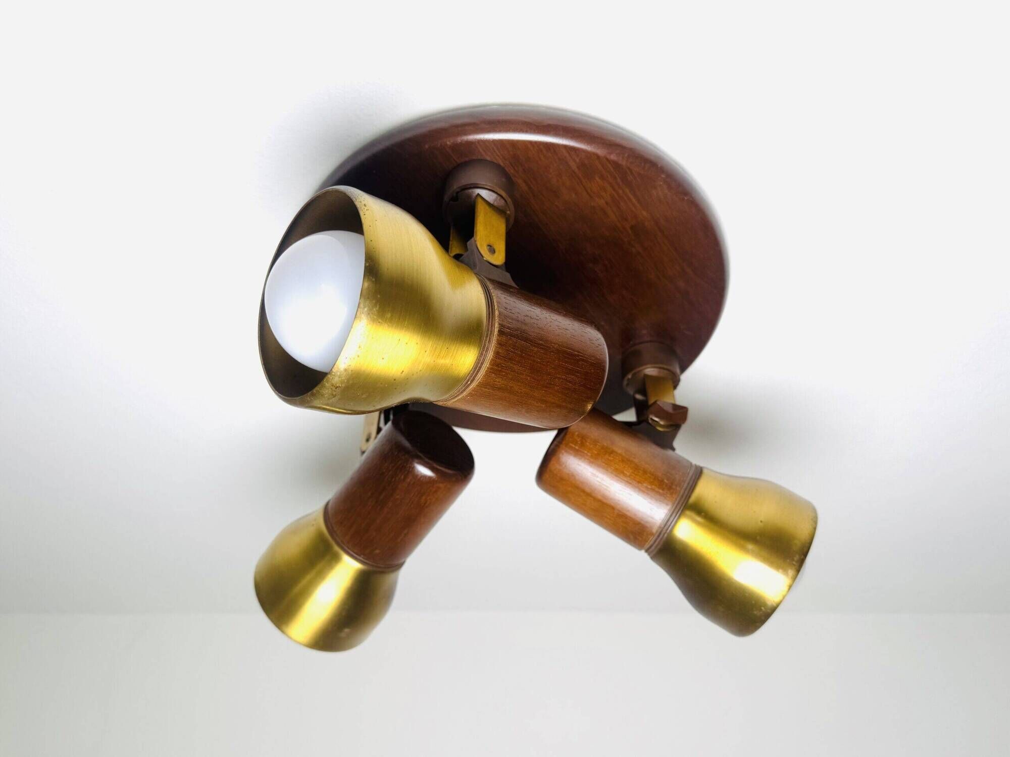Model 837 Trio-Light Adjustable Ceiling Lamp In Wood And Brass By Temde Leuchten, Switzerland 1960S