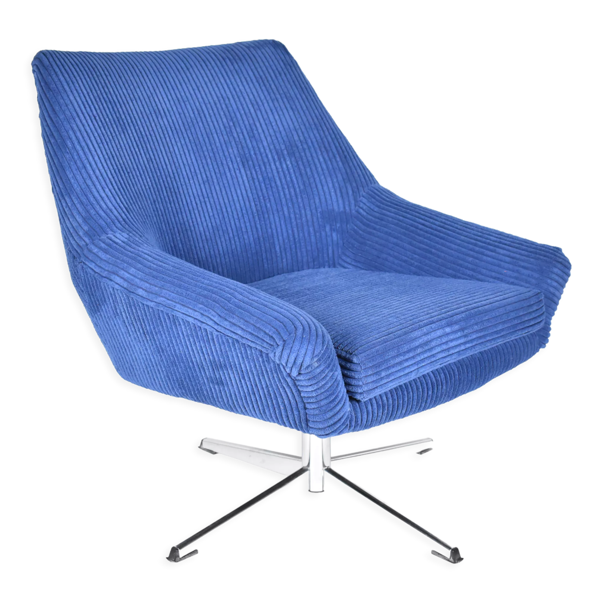 Vintage cord armchair shell, Deutsche democratic republic, ddr, 1960s, blue, chrome