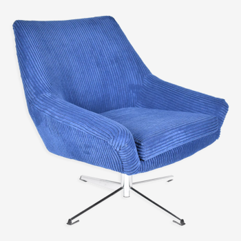 Vintage cord armchair shell, Deutsche democratic republic, ddr, 1960s, blue, chrome