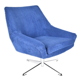 Vintage cord armchair shell, Deutsche democratic republic, ddr, 1960s, blue, chrome