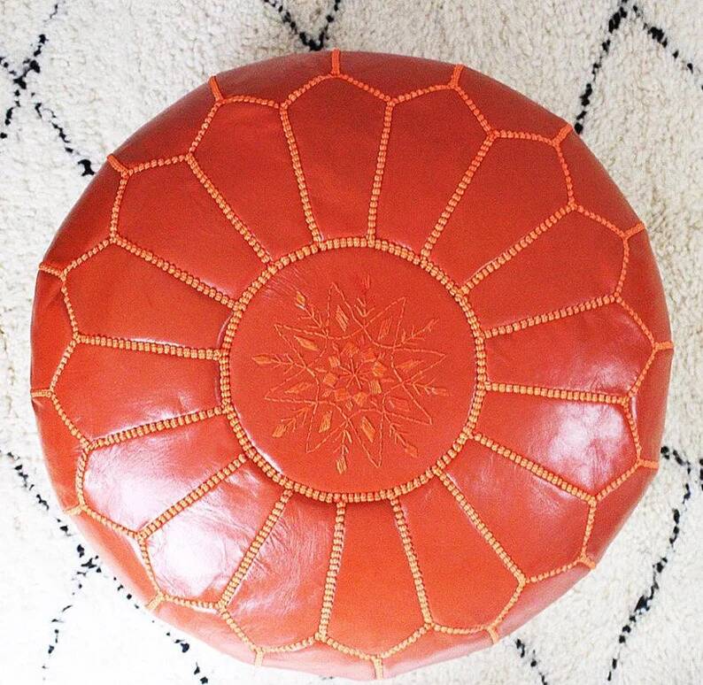 Moroccan leather pouf, Moroccan ottoman pouf, orange Moroccan pouf, vintage