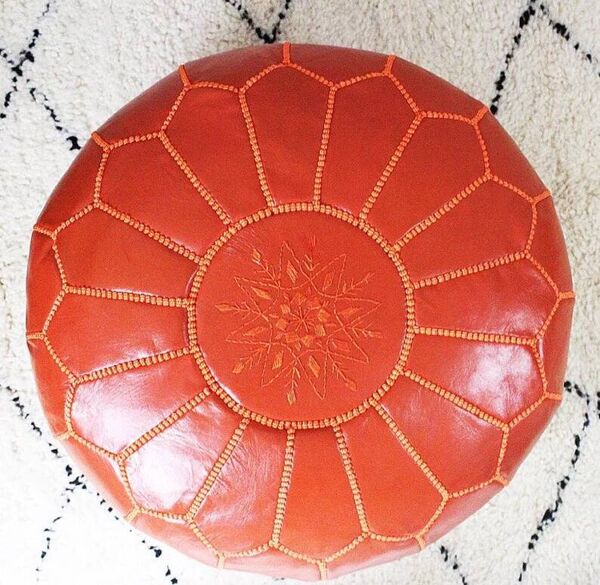 Pouf en cuir marocain, pouf ottoman marocain, pouf marocain orange, vintage