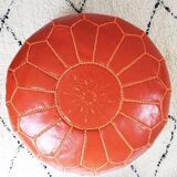 Moroccan leather pouf, Moroccan ottoman pouf, orange Moroccan pouf, vintage
