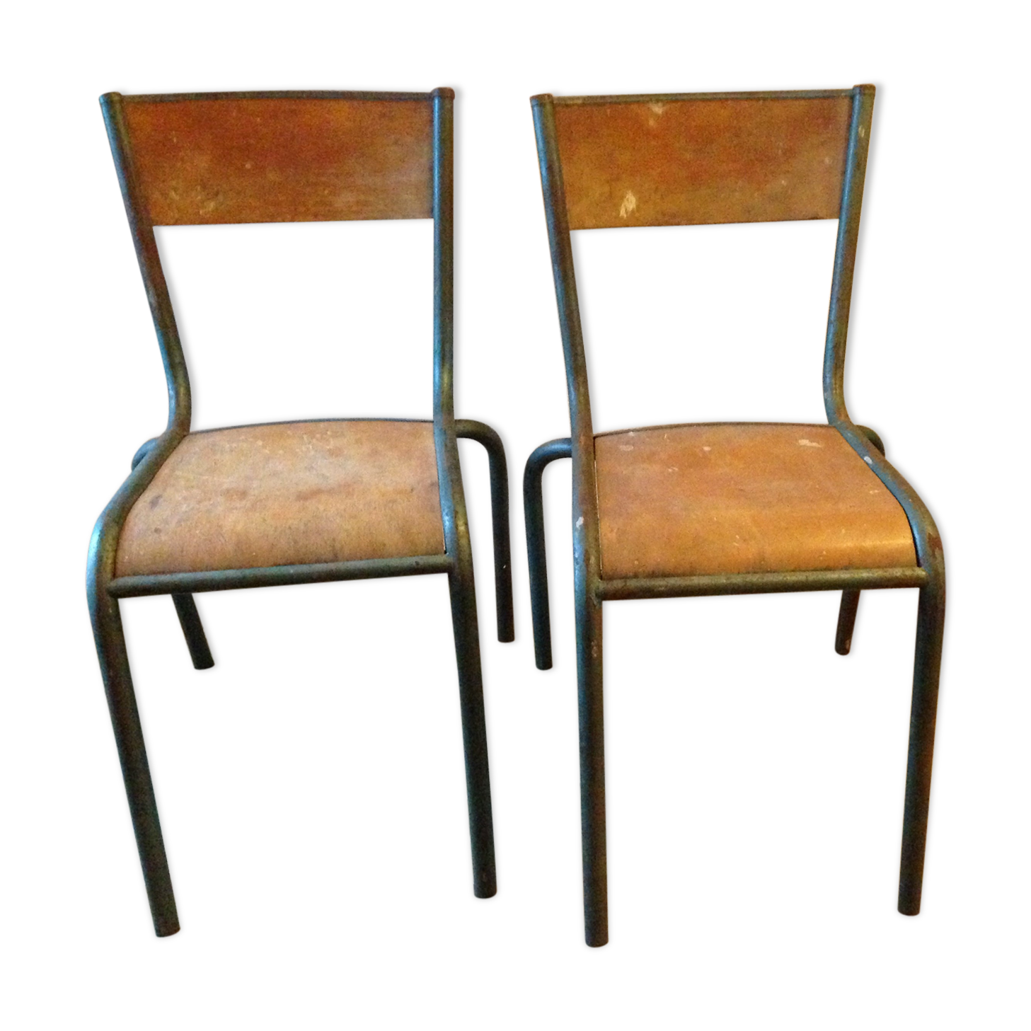 Pair of chairs school workshop wood and metal tubular