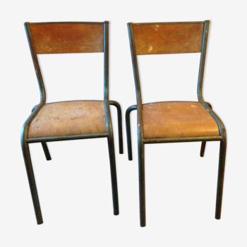 Pair of chairs school workshop wood and metal tubular