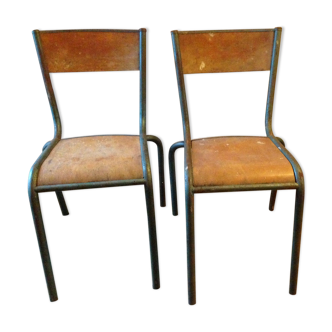 Pair of chairs school workshop wood and metal tubular