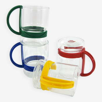 4 cups in transparent glass and colored plastic - Bodum style - vintage 80s