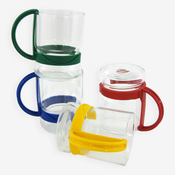 4 tasses en verre transparent et plastique coloré - style Bodum - vintage années 80