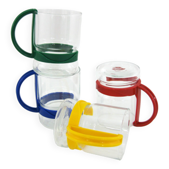 4 tasses en verre transparent et plastique coloré - style Bodum - vintage années 80