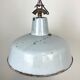 Industrial light grey enamel factory lamp with cast iron top, 1950s