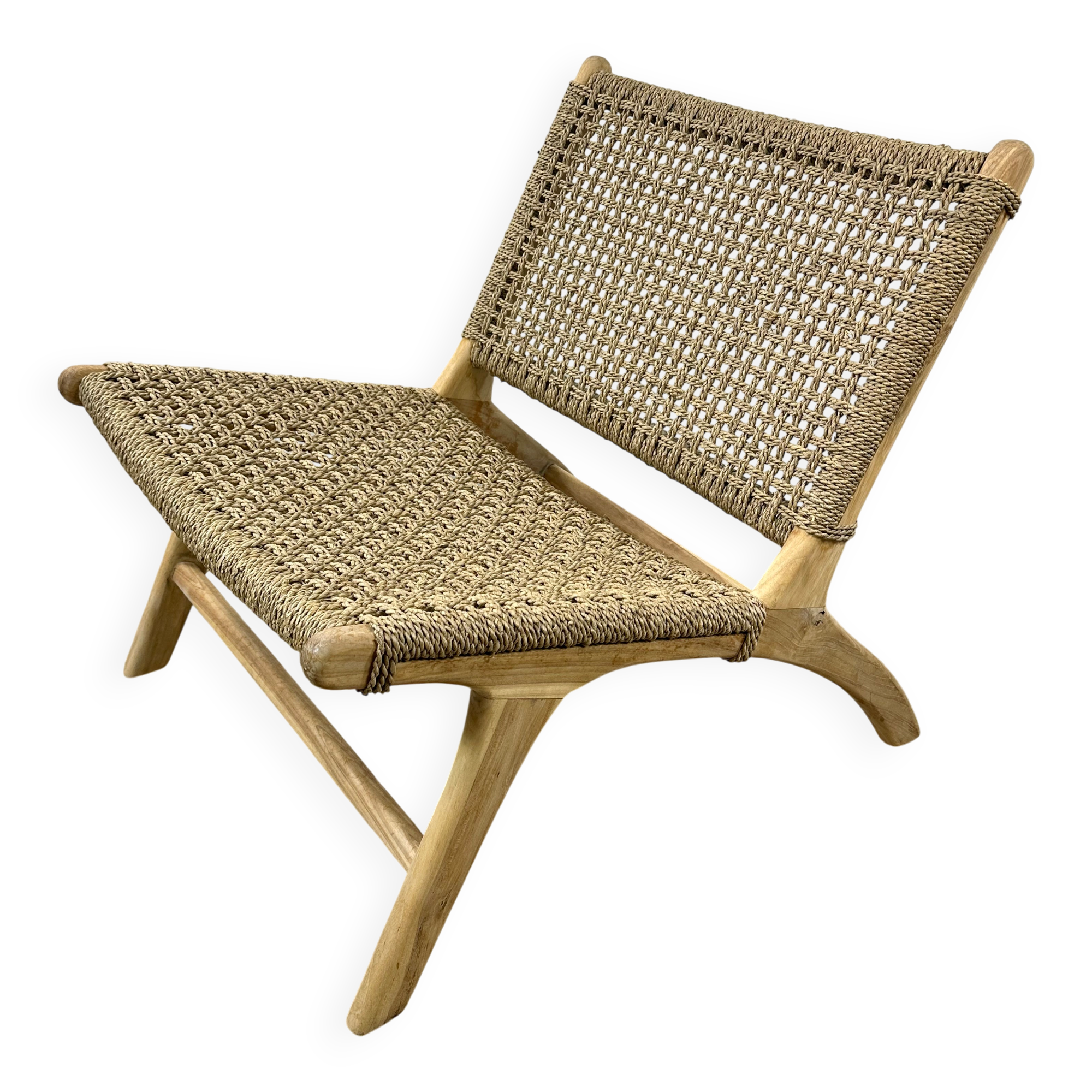 Fauteuil lounge en teck massif et jonc de mer tressé, années 2000