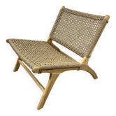 Fauteuil lounge en teck massif et jonc de mer tressé, années 2000