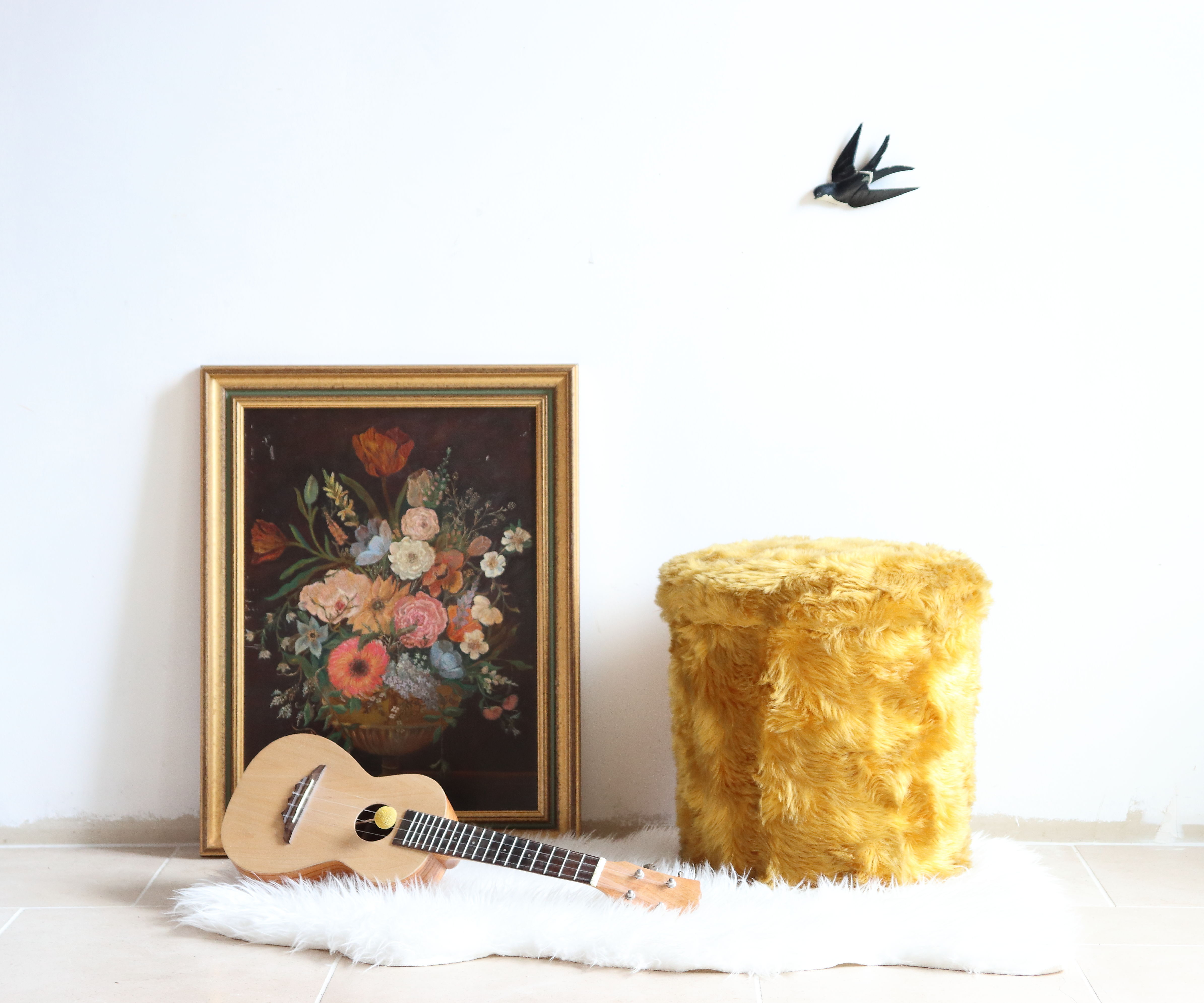 Moumoute chest pouf in mustard yellow faux fur 70