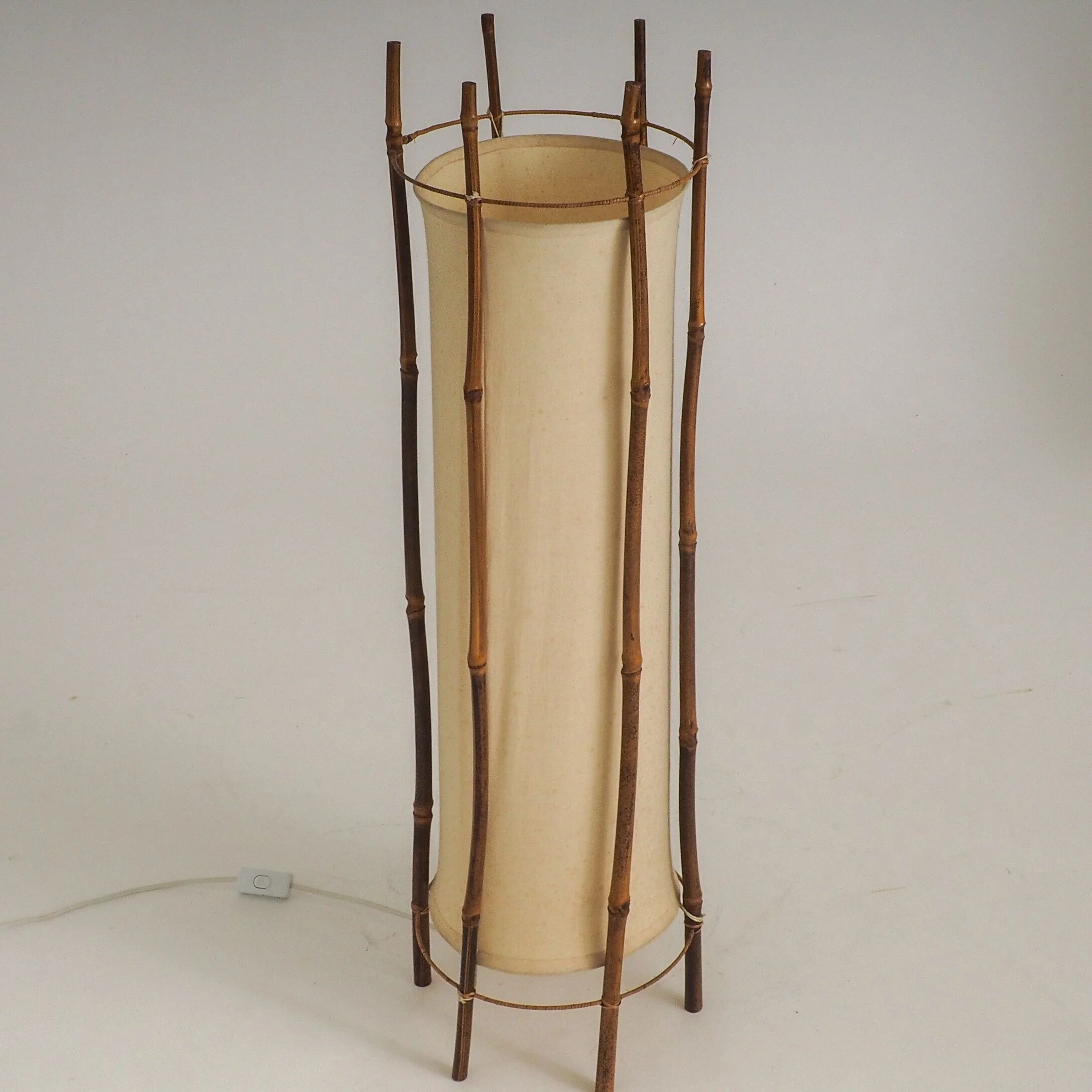 Large bamboo & linen floor lamp by Louis Sognot