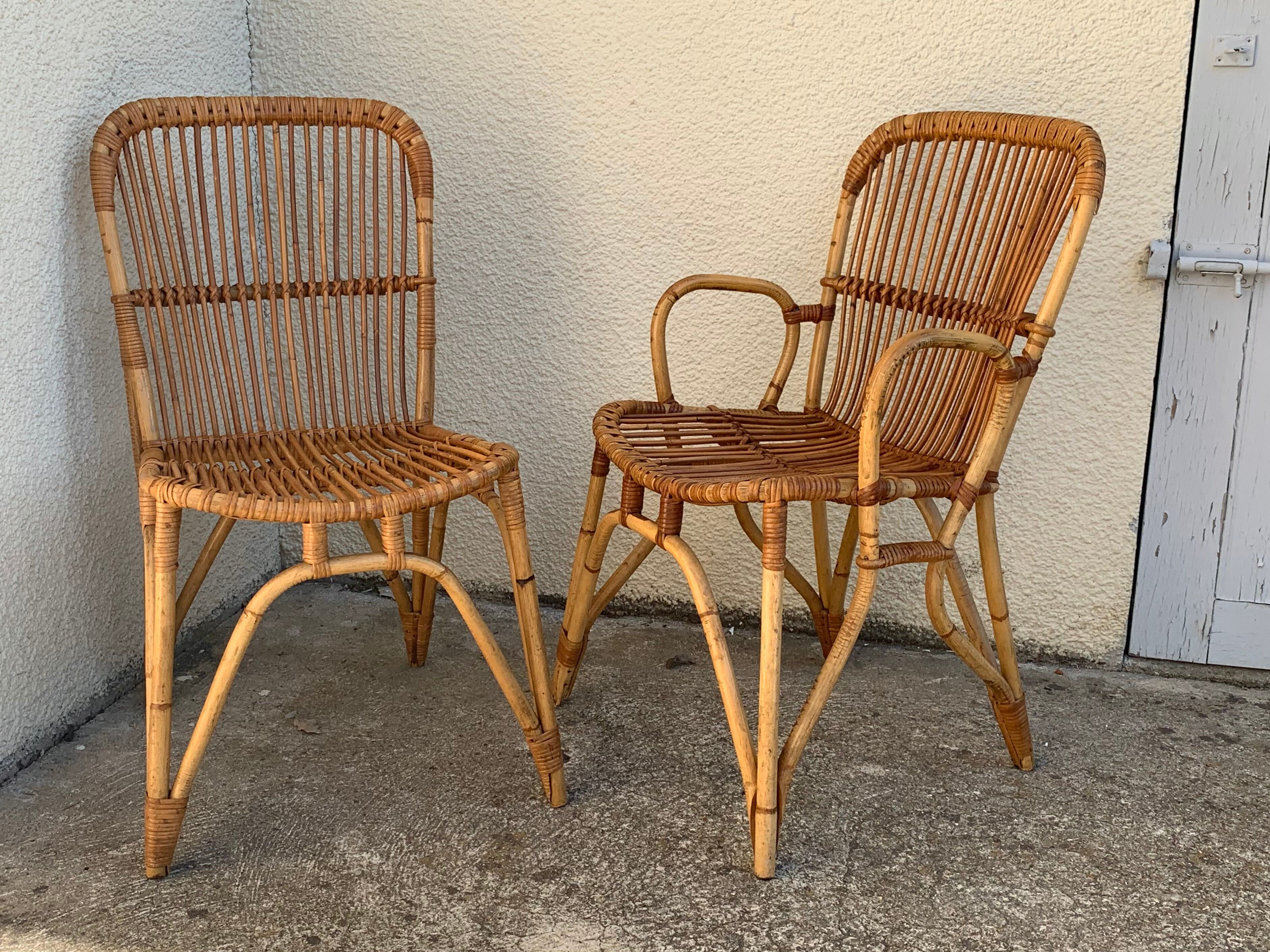 Chair and armchair in vintage rattan 1950