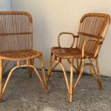 Chair and armchair in vintage rattan 1950