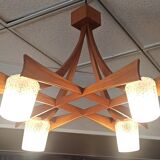 Scandinavian chandelier 4 burners Teak and tulips glass paste 60s Width 70.5 cm