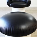 Joe Colombo Elda Chair + Ottoman in Black Leather and White Fiberglass Shell