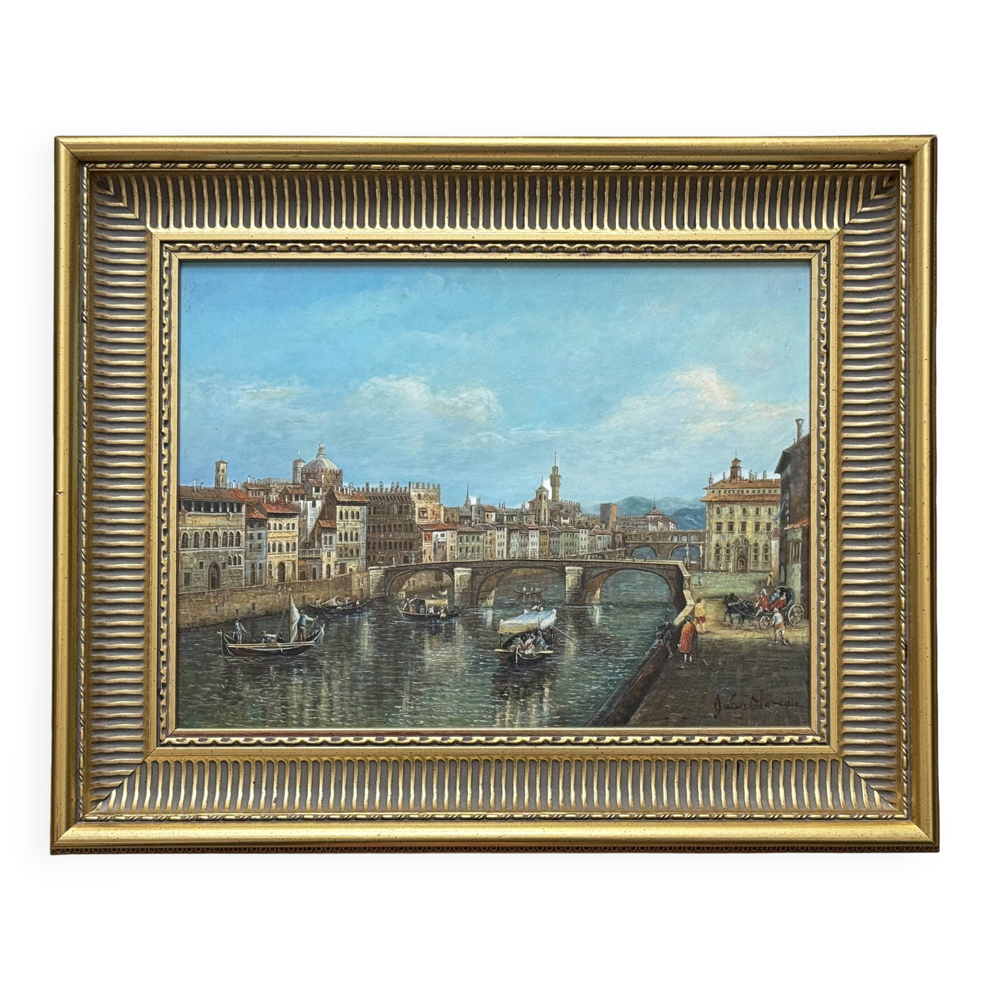 Oil on panel "The Arno at the Santa Trinita Bridge"
