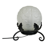 Art Deco lamp in frosted glass and wrought iron In the style of Edgard Brandt, 1930s-40s