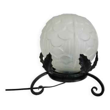 Art Deco lamp in frosted glass and wrought iron In the style of Edgard Brandt, 1930s-40s