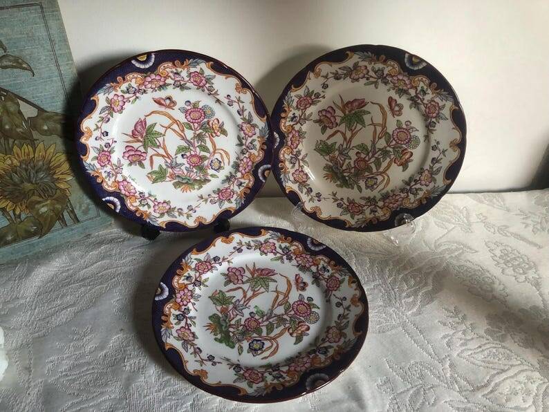 Set of 3 Antique Sarreguemines Dessert Plates: Hand-Painted Floral Ceramic