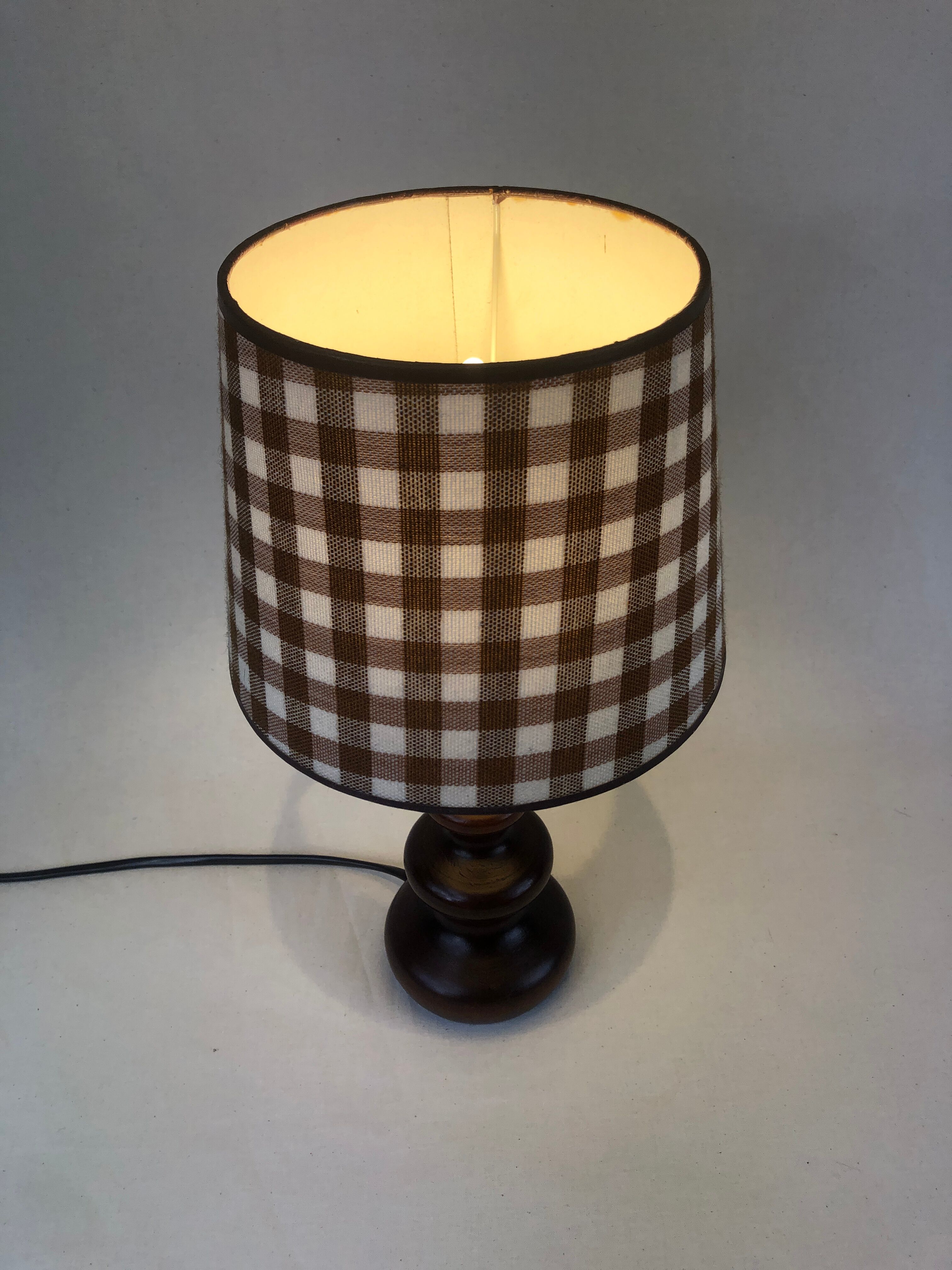 Wooden foot lamp brown tartan lampshade, cottage style