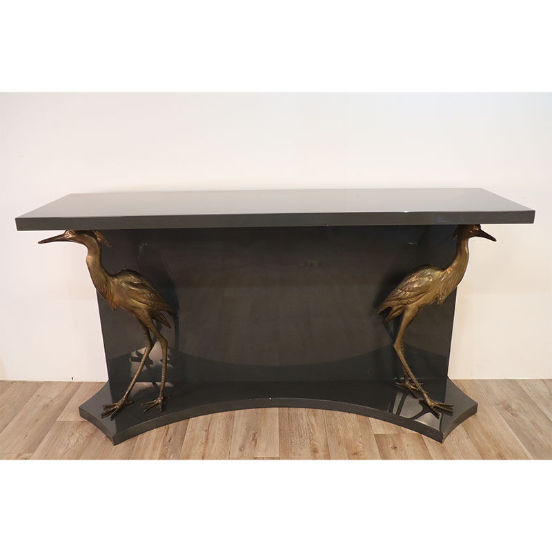 Vintage lacquered wooden console decorated with brass herons 1970