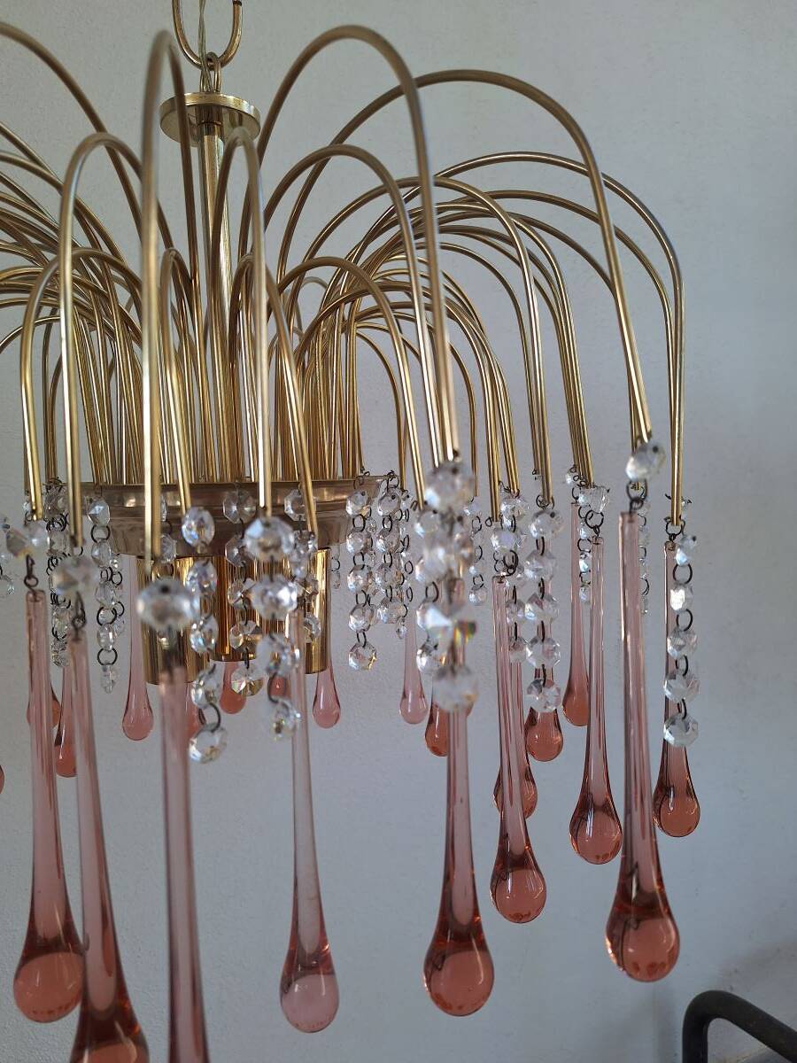 Lustre en cascade de grande taille en verre de Murano rose