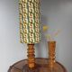 Vintage brutalist wooden table lamp, space age printed lampshade