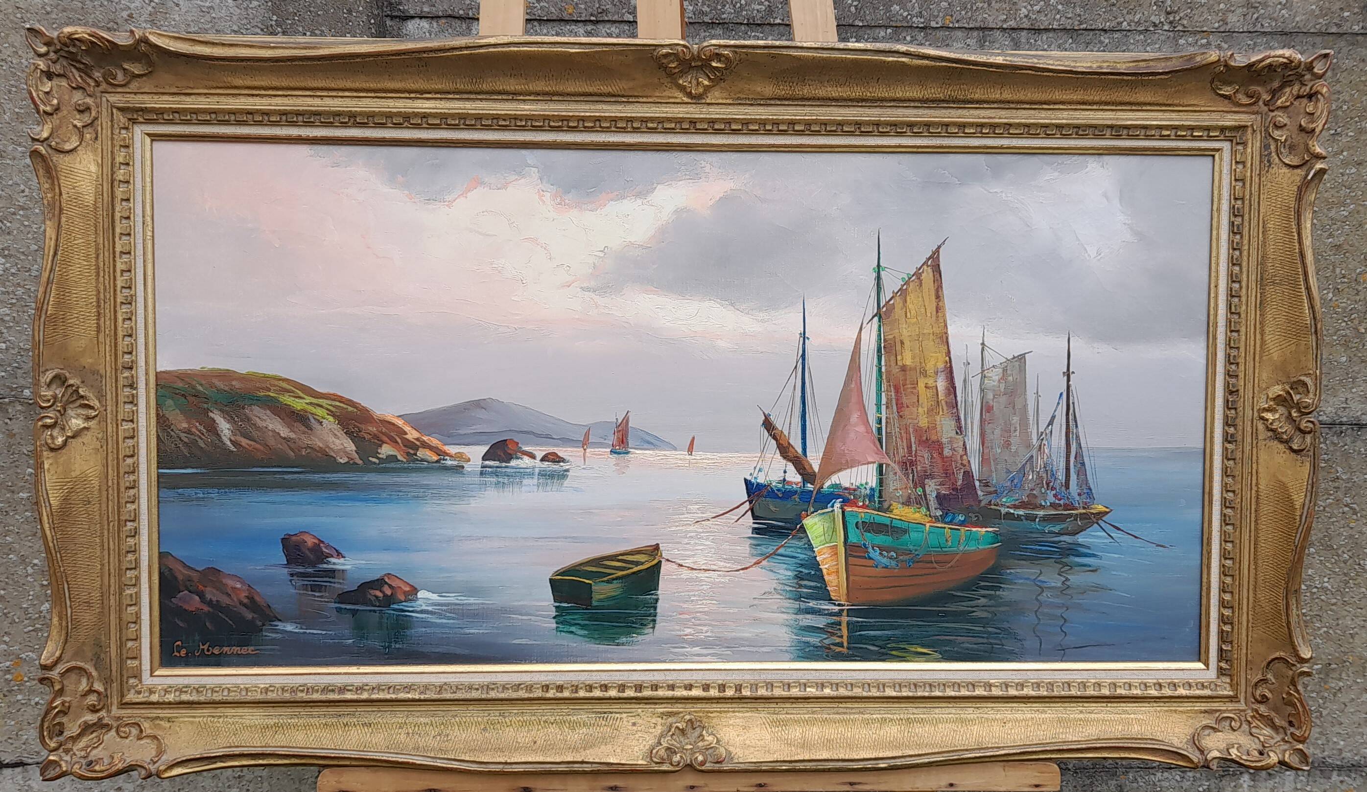 Framed oil on canvas signed Le Mennec fishing boats in Brittany 50 x 100 cm