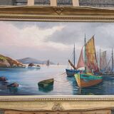 Framed oil on canvas signed Le Mennec fishing boats in Brittany 50 x 100 cm