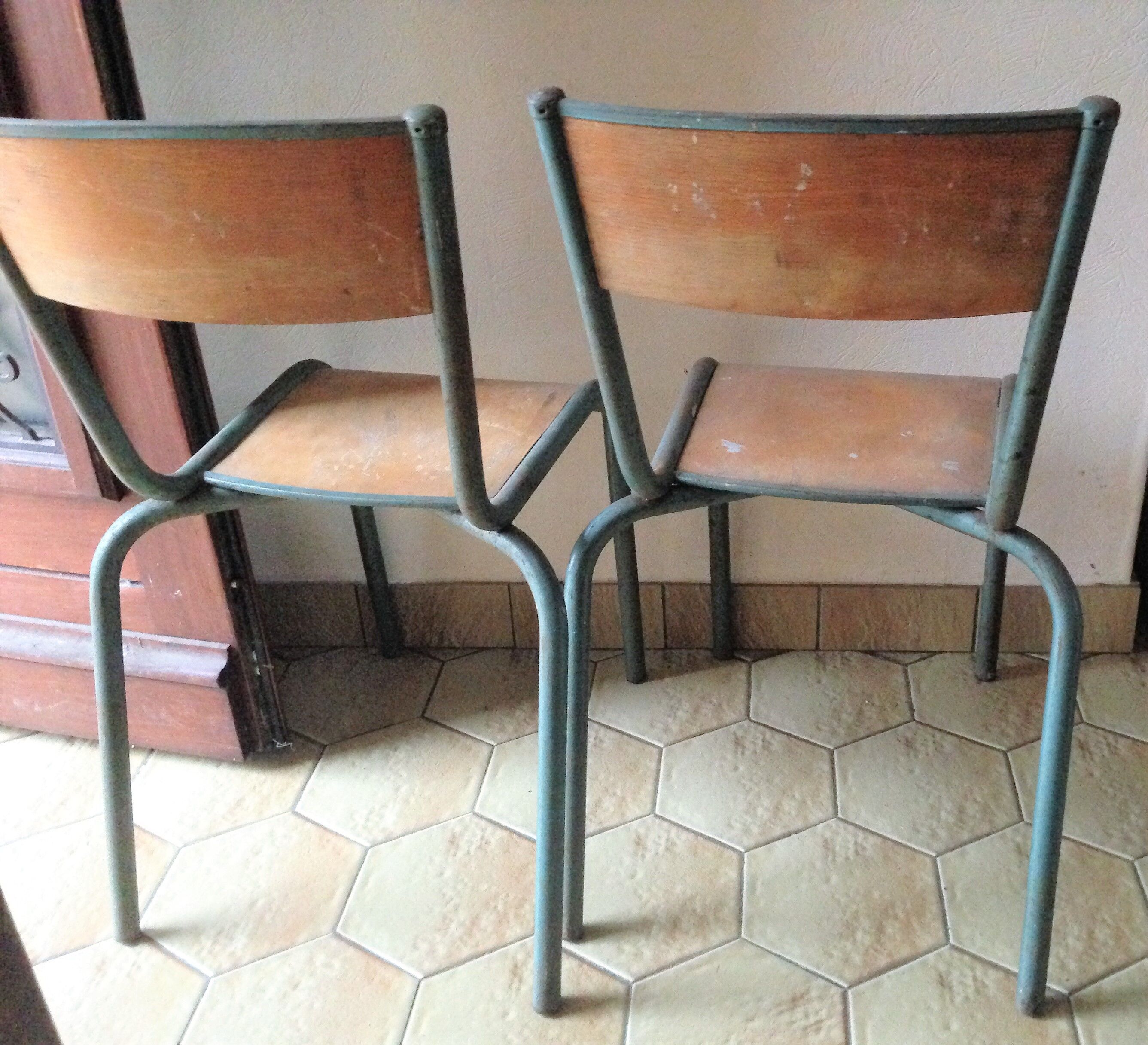 Pair of chairs school workshop wood and metal tubular