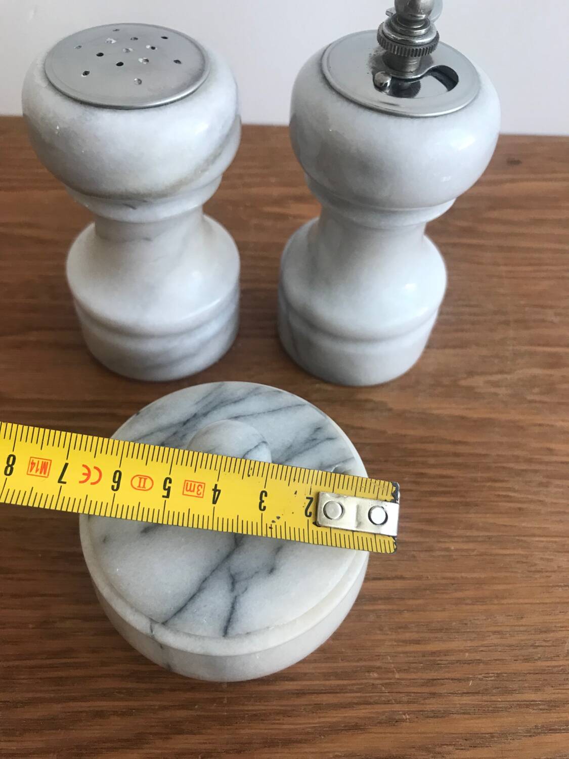 Vintage white marble salt/pepper/mustard shaker set