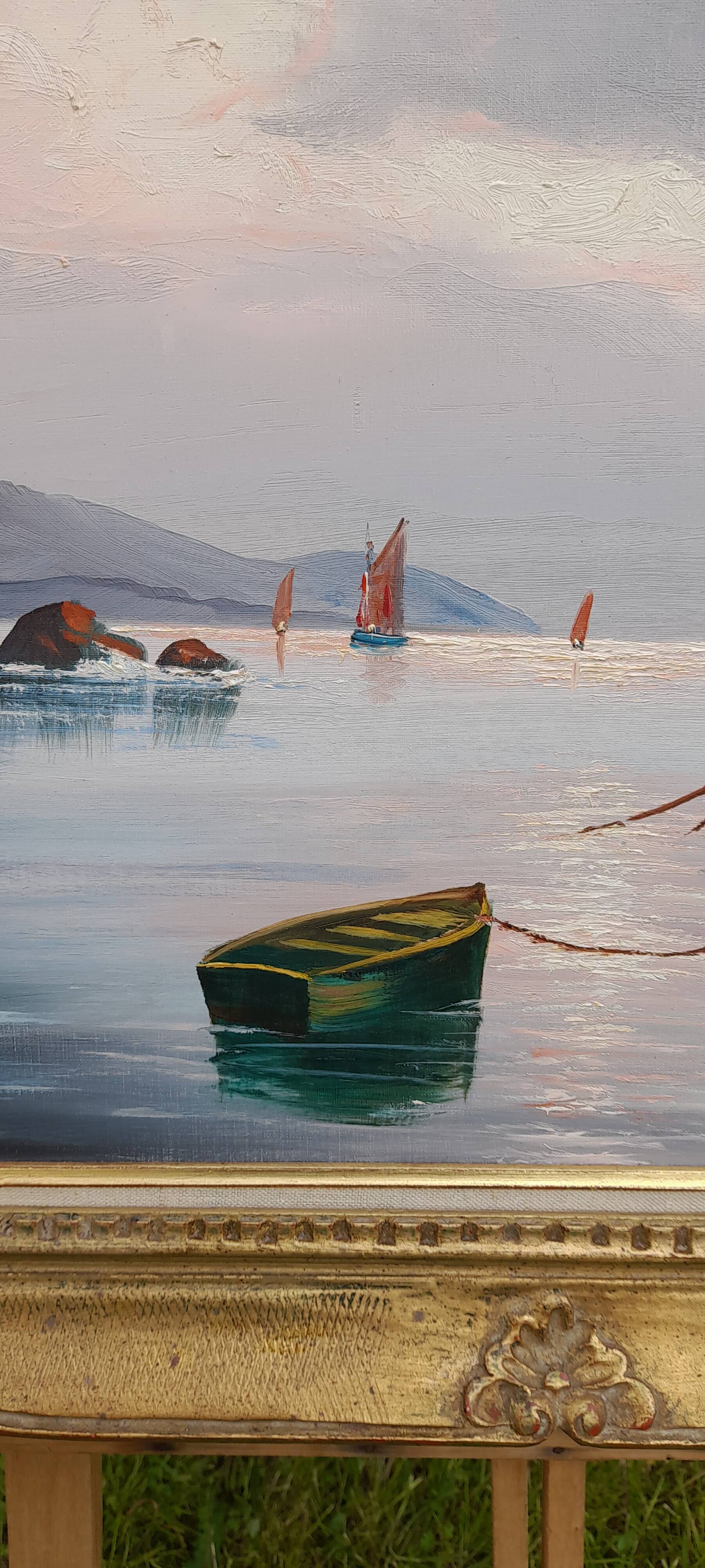 Framed oil on canvas signed Le Mennec fishing boats in Brittany 50 x 100 cm