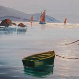 Framed oil on canvas signed Le Mennec fishing boats in Brittany 50 x 100 cm