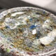 Ceramic candle holder in "Raku" style, blue-grey crackled.