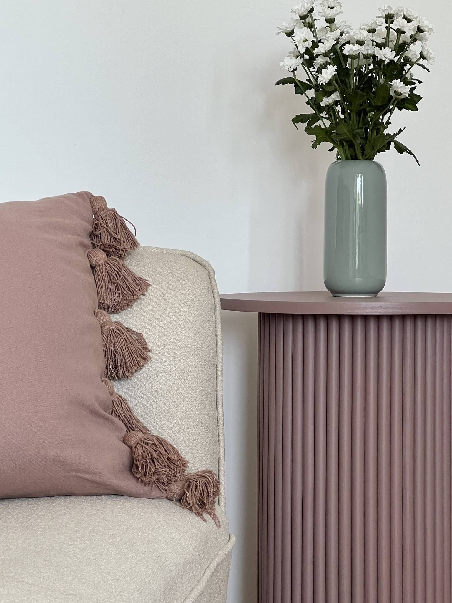 round and fluted side table in mauve, dimmed pink purple