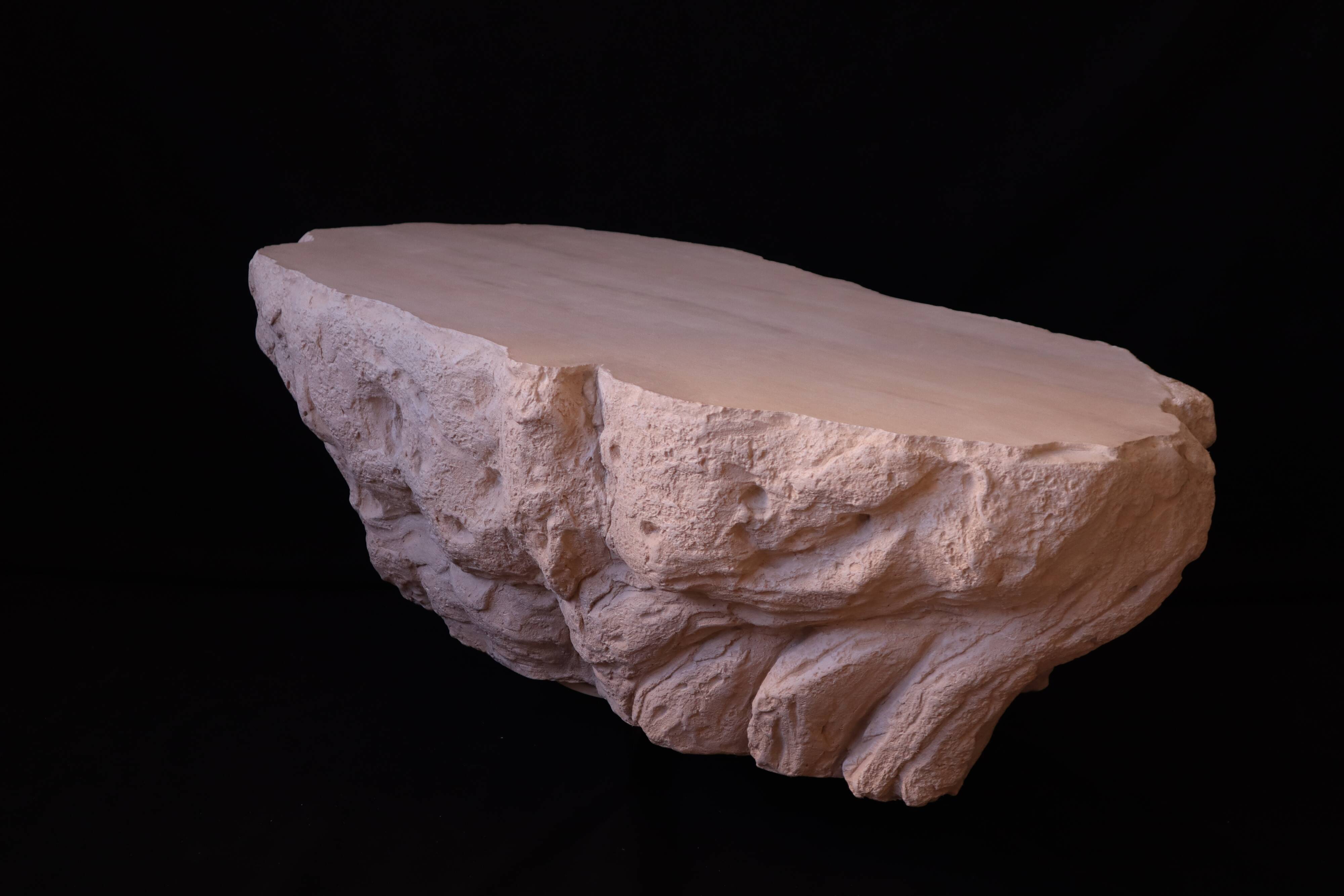 Design coffee table with travertine rock effect — unique piece hand-sculpted.