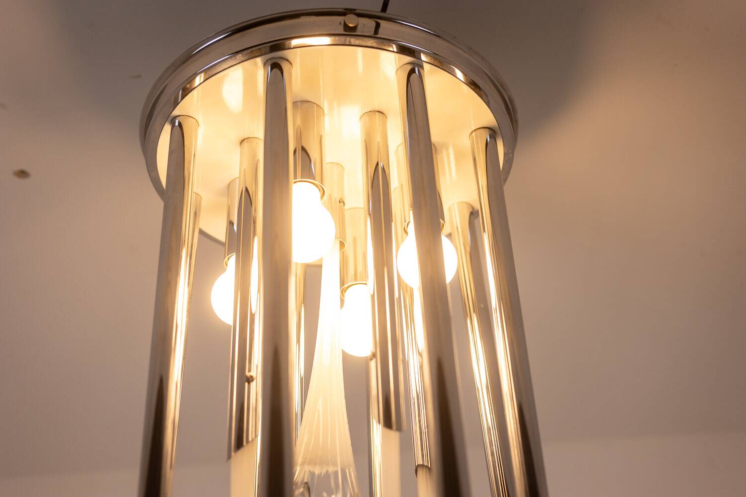 Murano glass and chrome metal chandelier. 1970s.