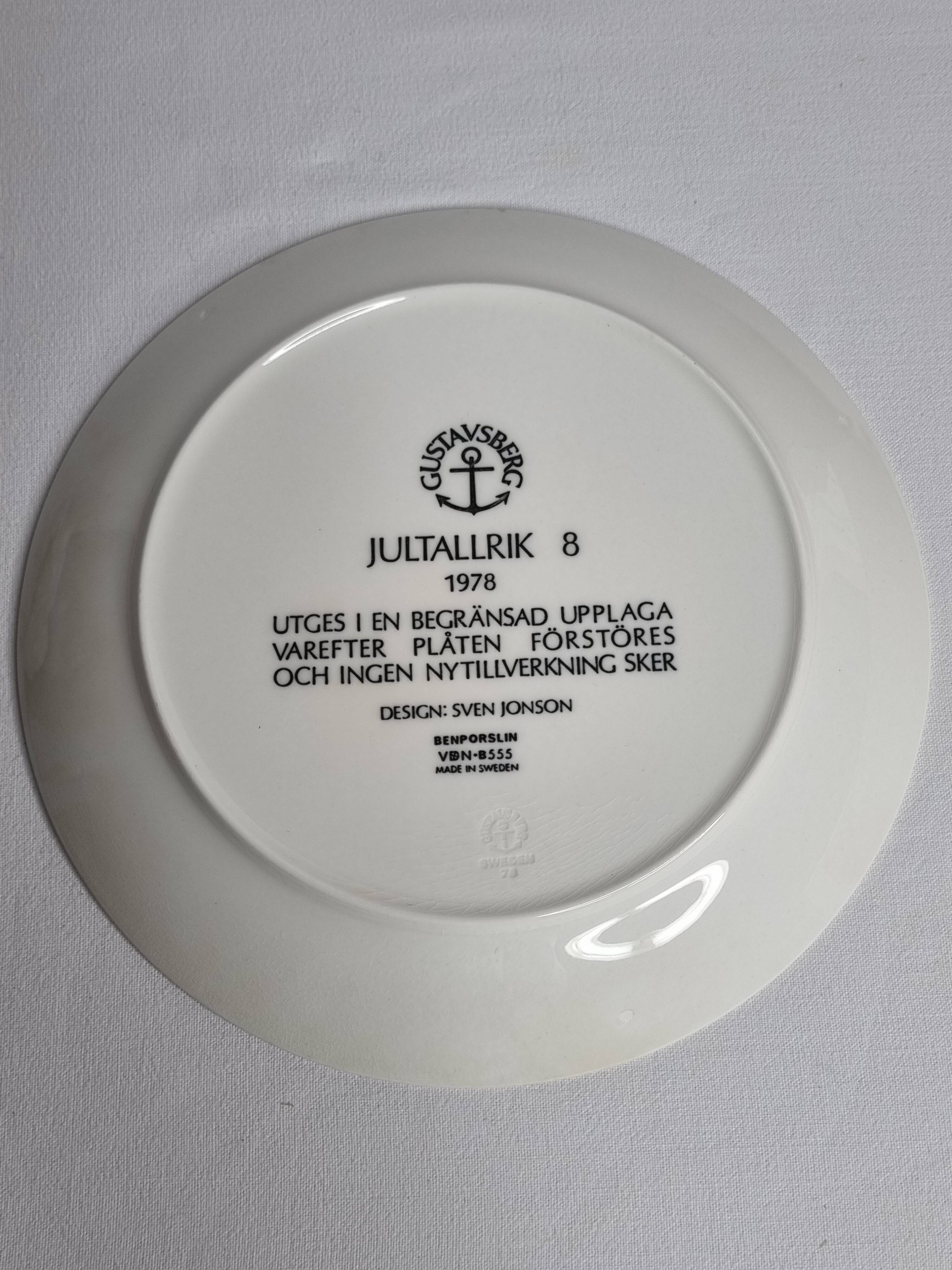 Gustavsberg plate "Jultallrik 8" (1978), Sven Jonson, limited edition, 20 cm