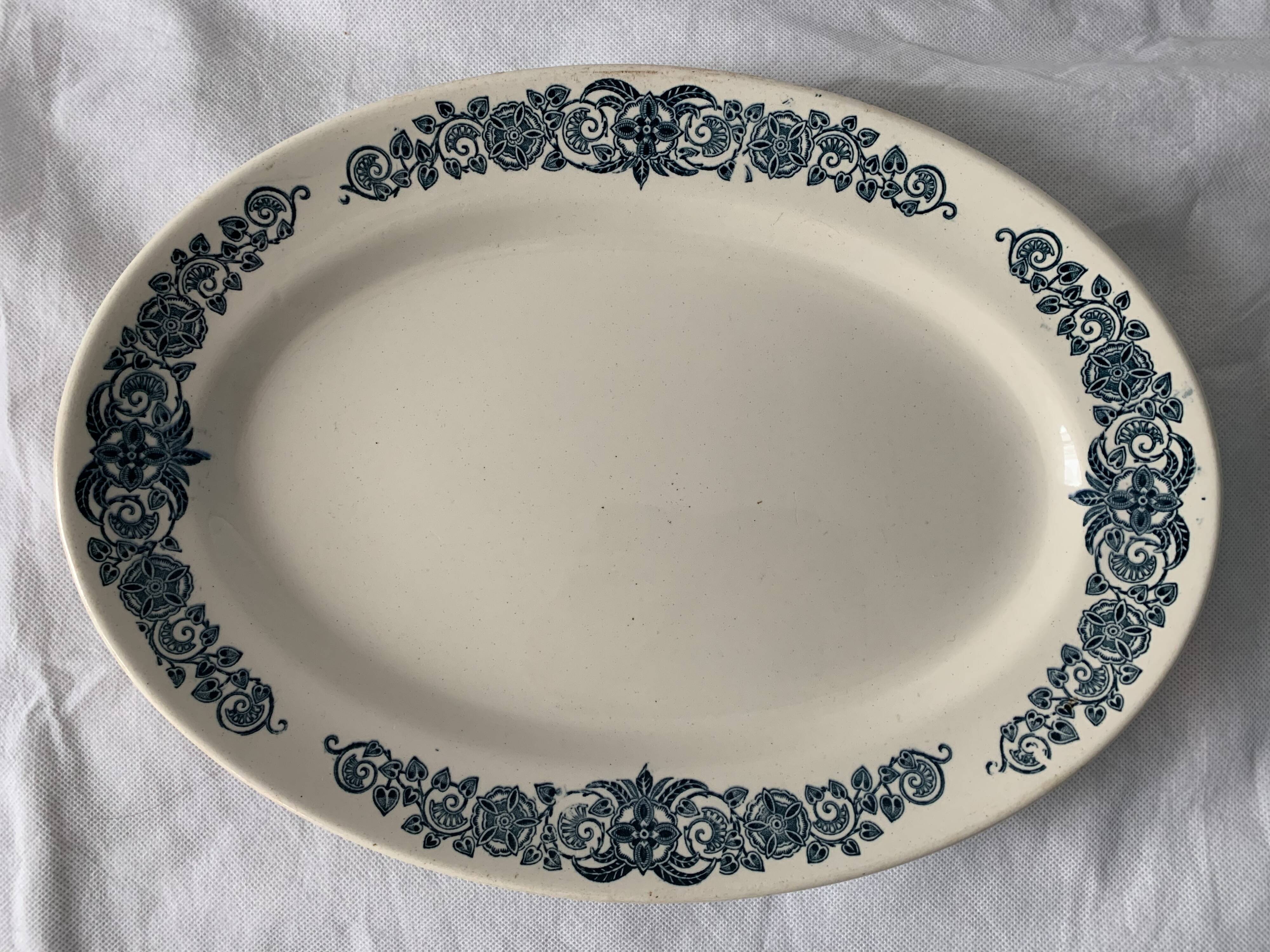 4 blue and white service dishes Alesia Longchamp Iron Land early 20th century