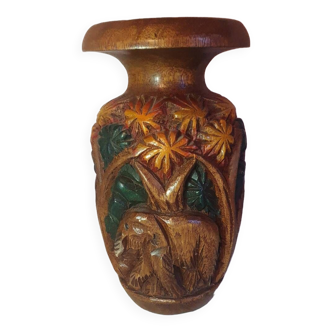 Carved wooden vase with elephant pattern, vintage folk art