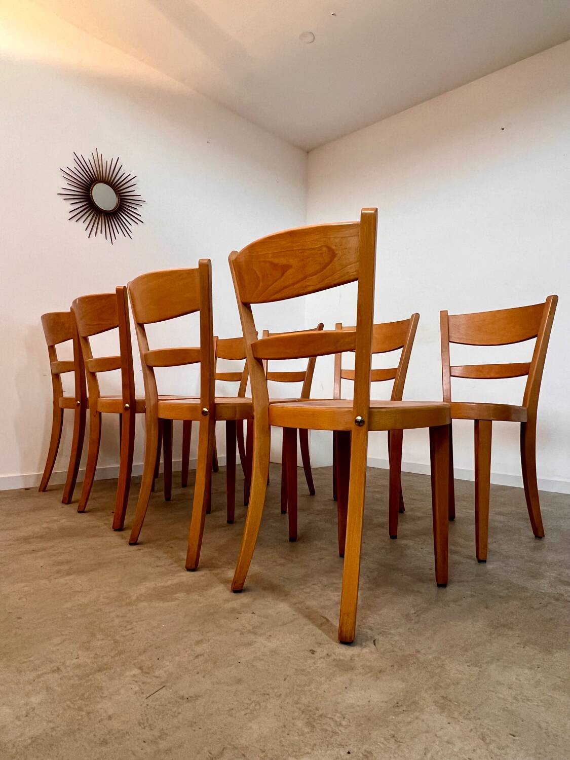 Set of 9 vintage wooden bistro chairs designed by Horgen Glarus