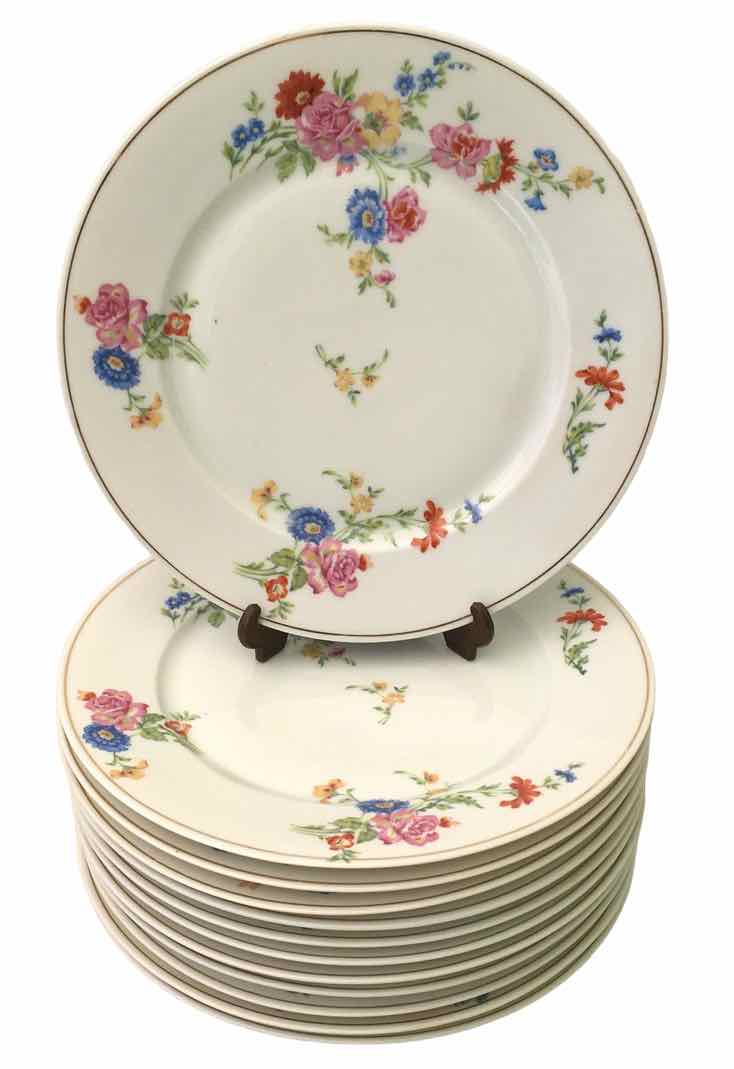 Set of 12 flat plates flowered porcelain