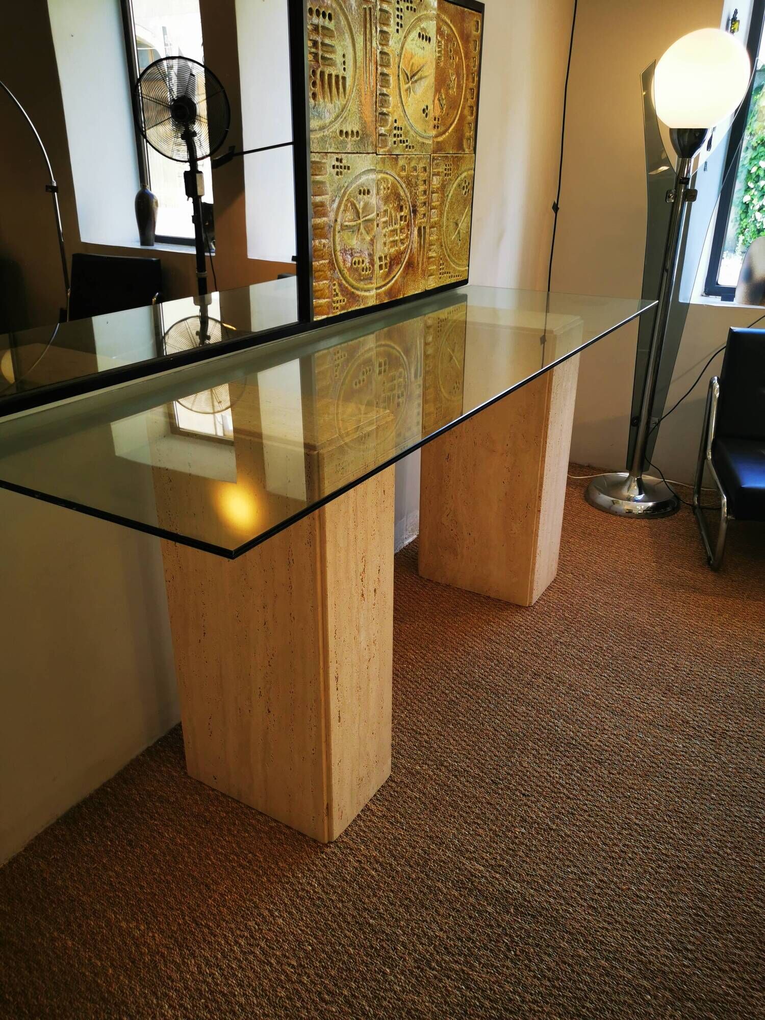 XXL vintage Italian console in travertine and glass from the 80s