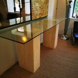 Console  XXL vintage italienne en travertin et verre années 80