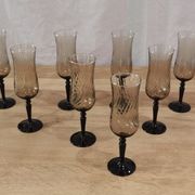 8 vintage smoked champagne flutes with black feet Arcoroc