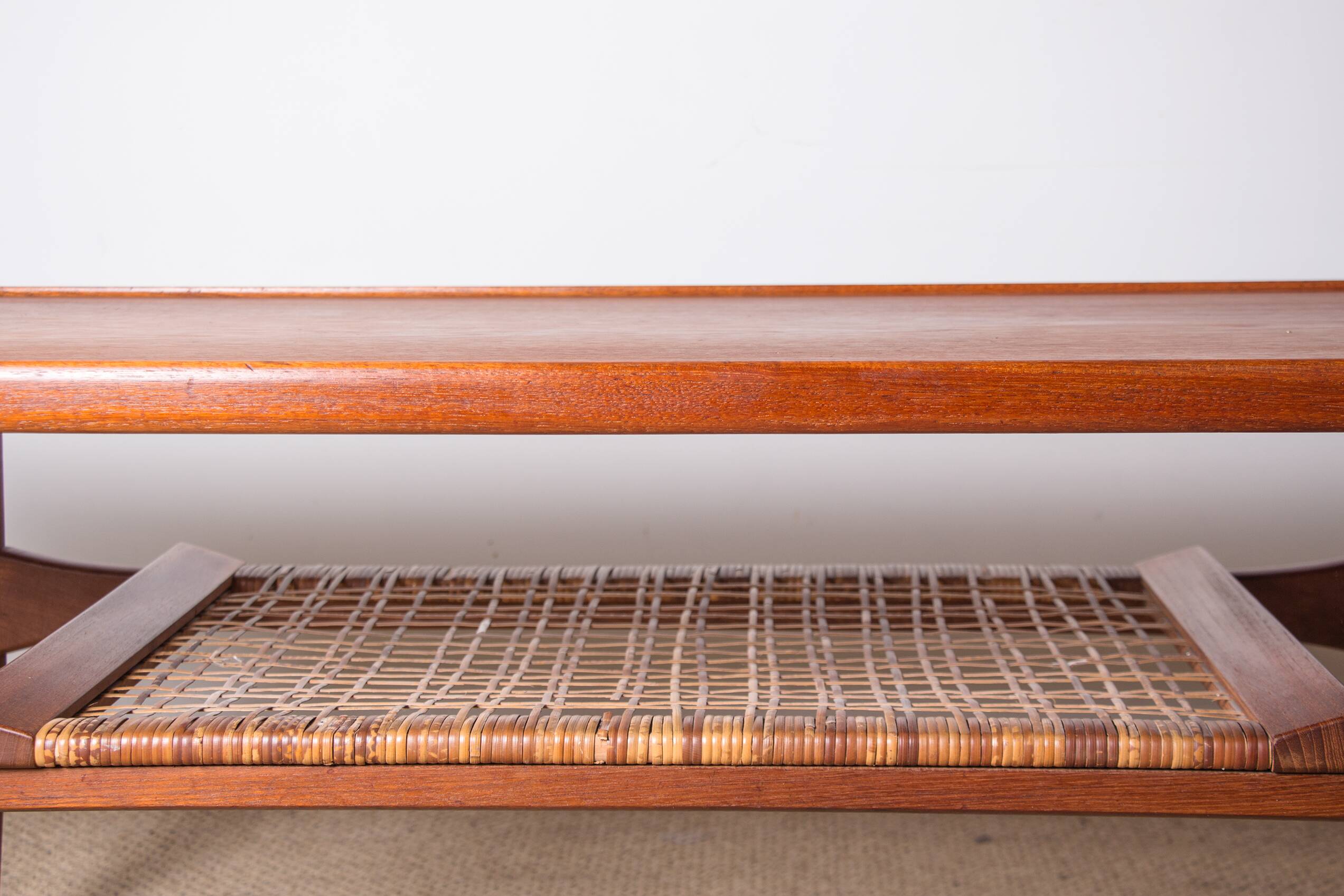 Danish coffee table in teak and rattan by KT Mobler 1960