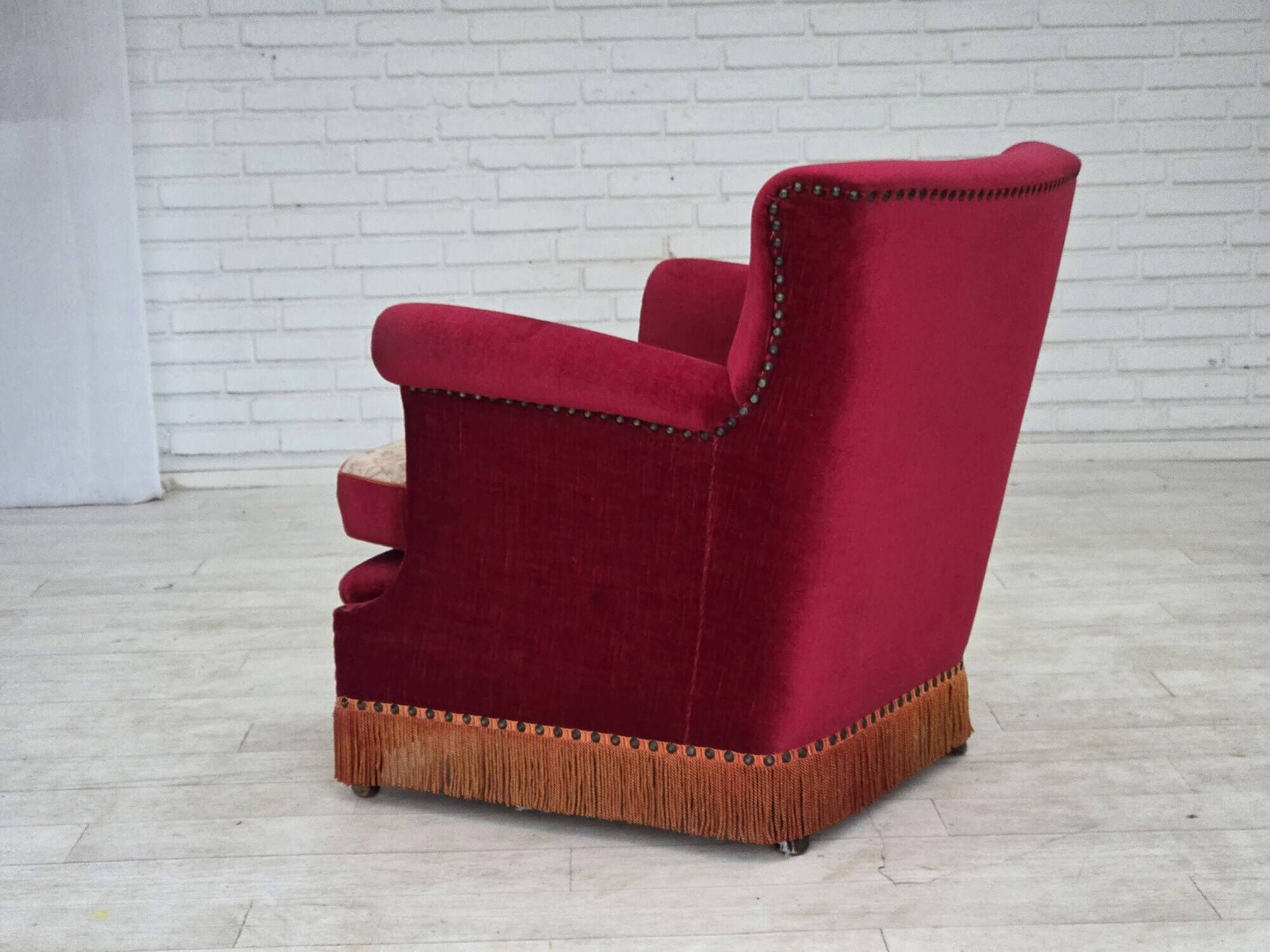 1970s, Danish armchair, furniture velour, ash wood legs.